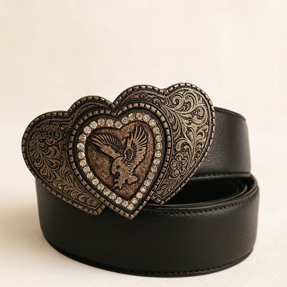 Black Leather Belt Rare Vintage Southwestern Kudos Silver Triple Heart Buckle-36